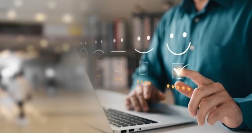 Customer Satisfaction Survey Concept, Users Rate Service Experiences On Online Application, Customers Can Evaluate Quality Of Service Leading To Business Reputation Rating.